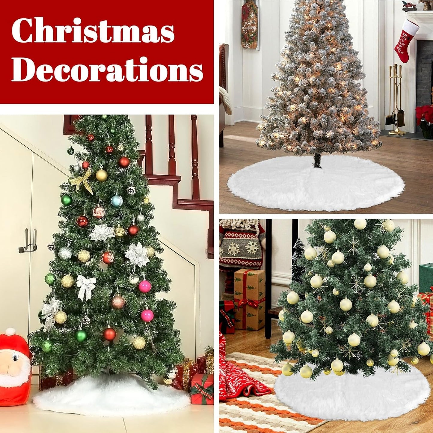30 Inch Faux Fur Christmas Tree Skirt Soft Snow White Plush Tree Mat Christmas Decorations Fluffy Tree Skirts Xmas Holiday Party Indoor Decorations