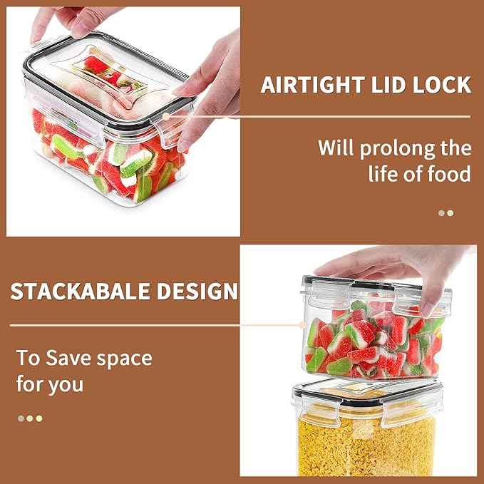 PRAKI Airtight Food Storage Containers Set, 16 Pcs BPA Free Plastic Dry Food Canisters for Kitchen Pantry Organization and Storage Ideal for Cereal, Flour & Sugar - Labels, Marker(Black)