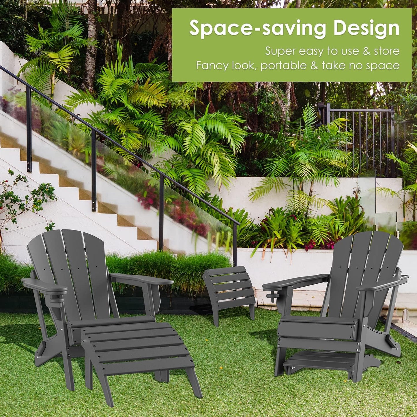 GREENVINES Adirondack-Ottoman | Set of 4 | HDPE Plastic | Outdoor Footrest | All Weather | Foot Rest | Foot Stool | Grey | for Adirondack Chair | for Patio Backyard Pool