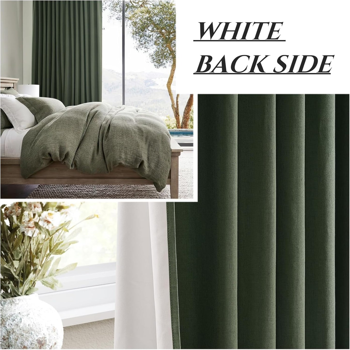 Olive Green Linen Curtains for Living Room, 86 inch Pinch Pleated Drapes with Hooks Back Tab Blackout Privacy Boho Home Decor, Forest/Hunter Green Window Curtains 86 inches Long for Bedroom 2 Panels