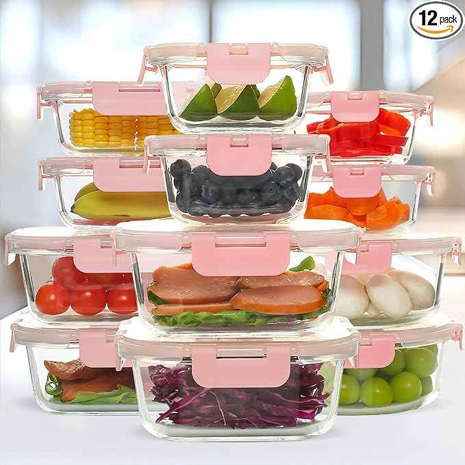 UMEIED 12 PACK Glass Food Storage Containers with Leak Proof Lids, Glass Airtight Meal Prep Containers Set for Lunch, On the Go, Leftover, Kitchen Pantry Organizers and Storage (Pink)