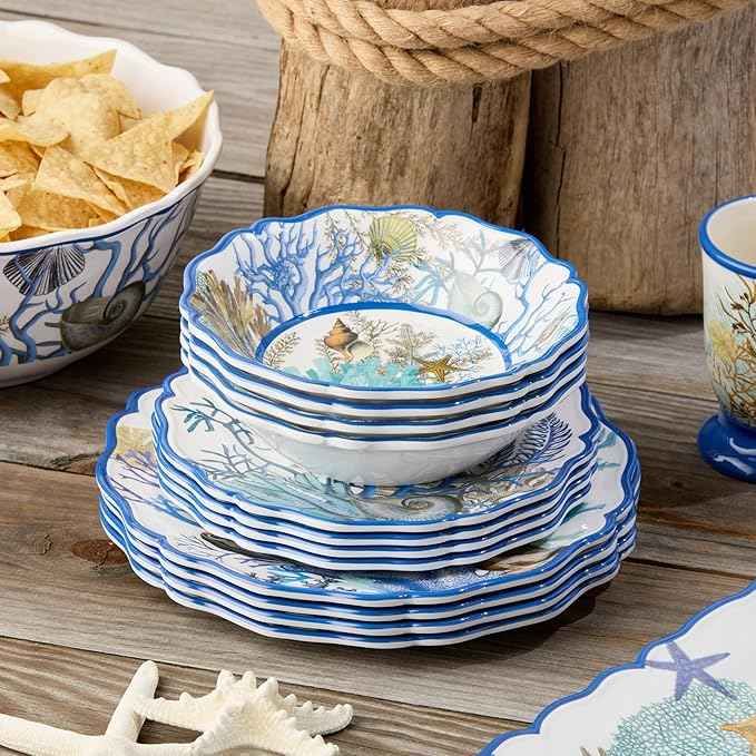 Blue Lagoon Melamine 12-Piece Dinnerware Set – Coastal Coral and Shell Design, Service for 4 – 11" Dinner Plates, 9" Salad Plates, and 28oz Bowls – Durable, Lightweight, BPA-Free, Dishwasher SafE