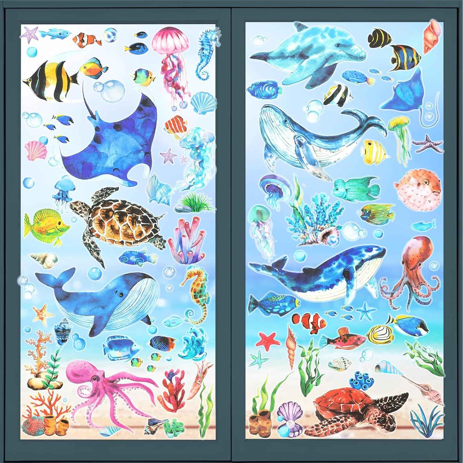HOWAF 8 Sheets Ocean Animal Window Clings for Under The Sea Party Window Decorations, Sea Life Window Decals for Summer Party Home Decor, Under The Sea Animal Window Stickers