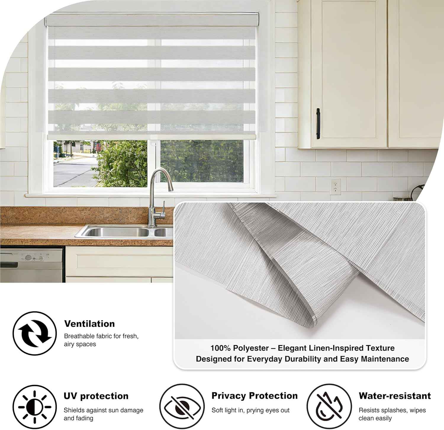 HESTIA Cordless Light Filtering Zebra Shades for Windows, Day Night Dual-Layer Linen-Look Woven Fabric Roller Shades, Privacy Light Control for Living Room/Home Office, Light Grey, 44" W x 72" H