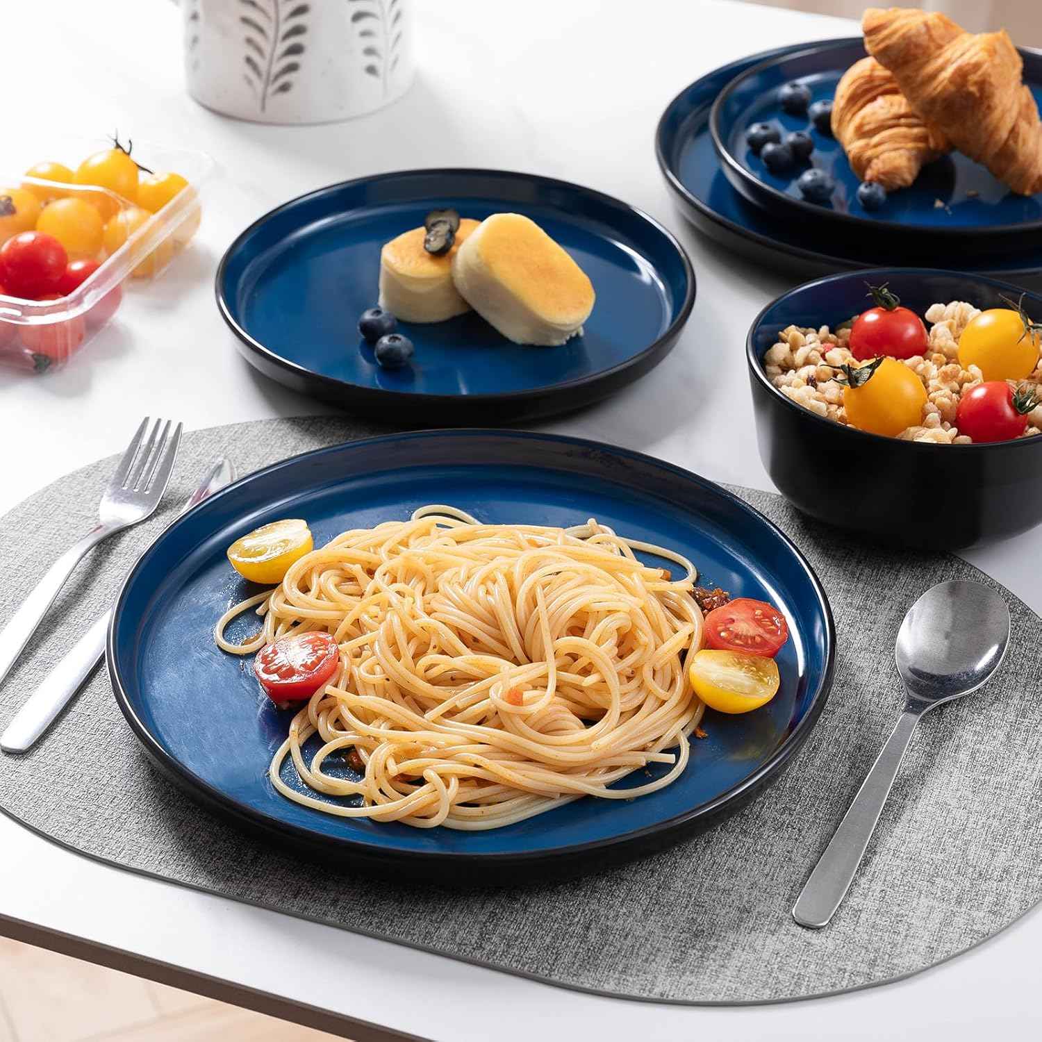 Melamine Dinnerware Sets, 12 Pcs Unbreakable Plates and Bowls Set, Outdoor Dinnerware RV and Camper Dishes Sets for 4, Kitchen Dishes Set for Entertaining, Black and Blue