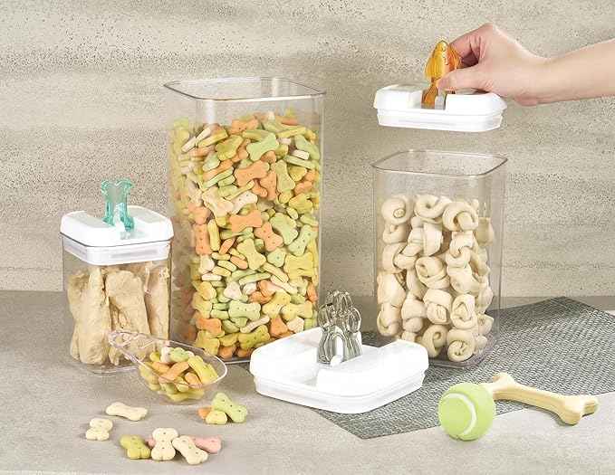 Felli Flip Tite Pet Food Container with Airtight Lids, BPA FREE Acrylic Canister with Paw Bone Fish Flip Top Handles for Cat Dog Kibble Treats Storage, Keep Fresh (Pet Collection Nest-L3pk)