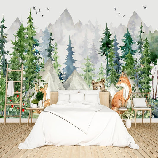 Kids Animals Forest Wallpaper Peel and Stick Nursery Wall Mural for Bedroom Living Room - 96"x137"