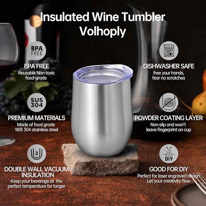 Volhoply 12oz Stainless Steel Wine Tumbler with Lid and Straw,Double Wall Vacuum Insulated Stemless Wine Glasses,Reusable Travel Coffe Mug for Cold Drinks,Small Tumblers Gifts for Women（Silver,1 Set）