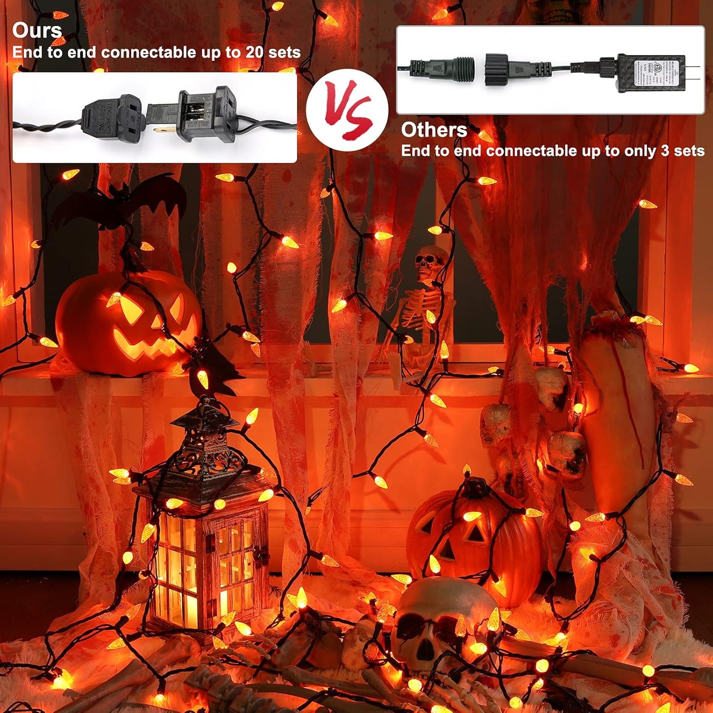 Brizled Orange String Lights, 33ft 100 LED Faceted C5 Orange Halloween Lights, 120V UL Certified Halloween Light Set Connectable Amber Light for Indoor & Outdoor Tree Xmas Party Decoration