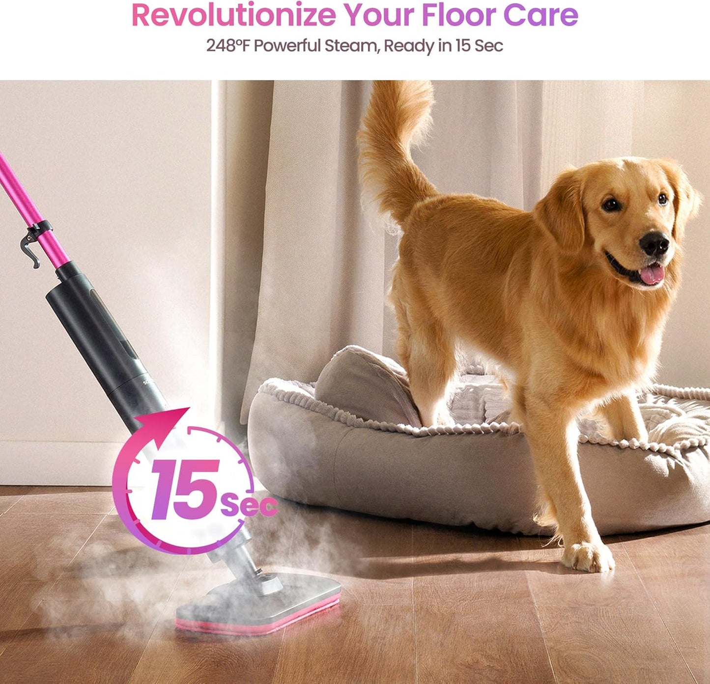 Schenley Steam Mop Cleaner Powerful - 15s Fast Heat-Up, Chemical-Free for Hardwood/Tile/Laminate & Floors/Walls, Washable Pads, 3 Modes for Carpet, Lightweight, Self-Standing, Sleek Design
