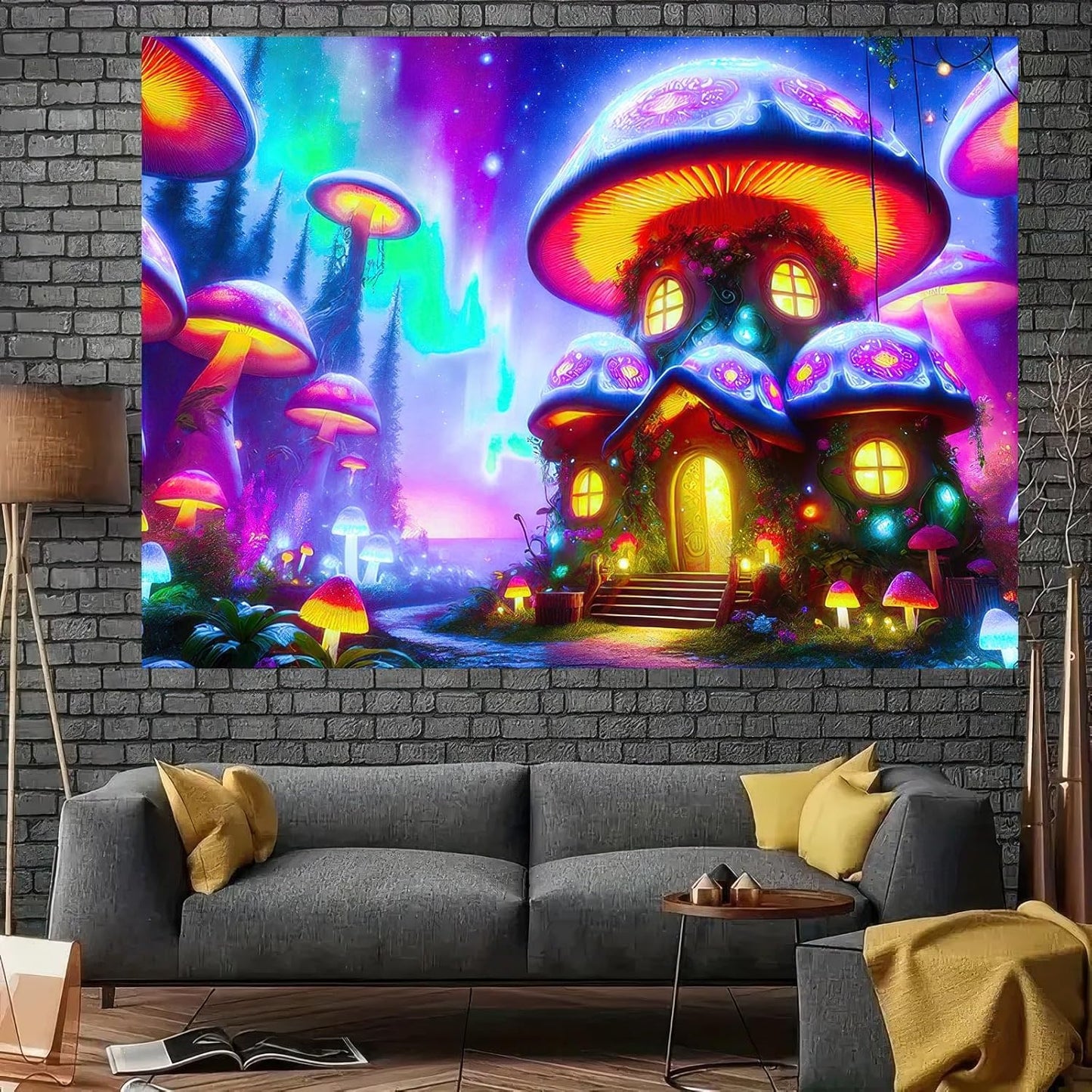 BlissYard Black Light Tapestry Uv Reactive Tapestry Glow Tapestry 78x59 Inches Enchanted Mushroom Village Wall Hanging, Fluorescent Art Decor with Glowing Mushrooms, Forest, and Fantasy Elements