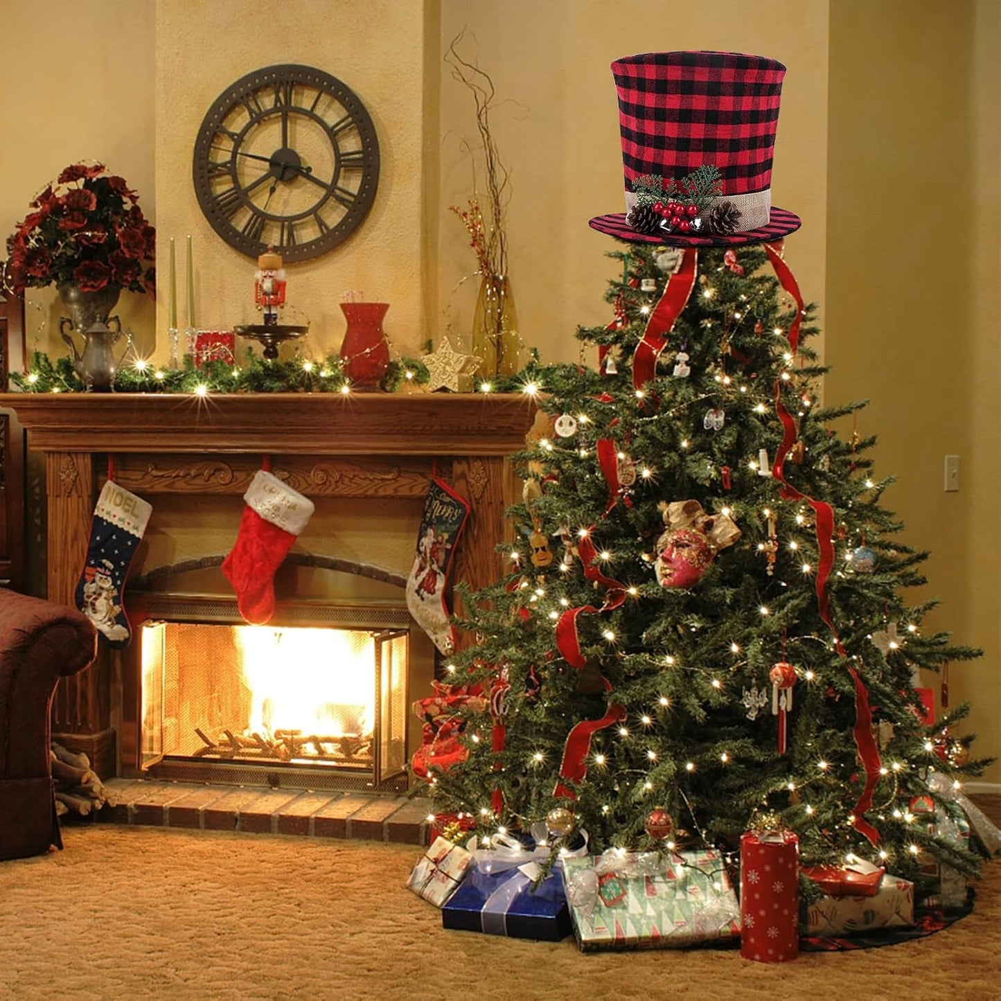 codree Christmas Tree Topper Top Hat - Red and Black Buffalo Plaid Top Hat with Pinecone Berry Bell-Christmas Tree Topper Fabric Top Hat for Winter Holiday Xmas Tree Decor