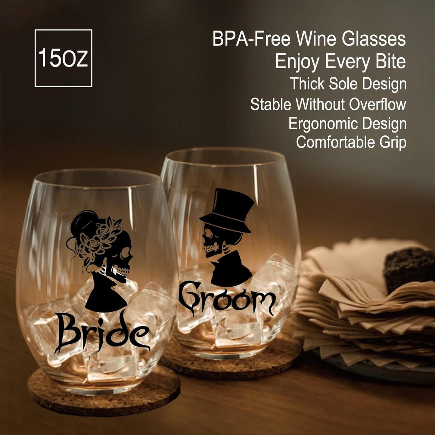 Perfectinsoy Skull Wine Glass 2 Piece with Gift Box, Zombie Design, Valentine's Day Autumn Halloween, Anniversary Wedding Gifts, Couple Gifts for Boyfriend and Girlfriend. (Bride Groom Set of 2)