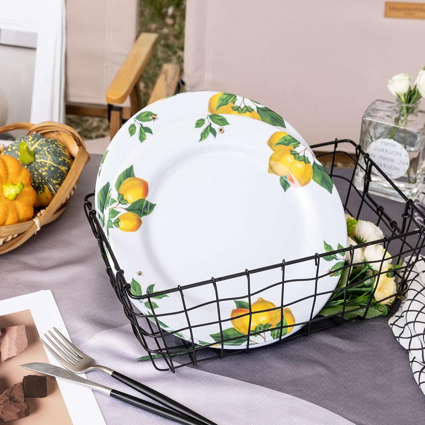 Melamine Dinner Plates 10 Inch – Lemon Print Design Dishes Set of 6,Outdoor & Indoor Use,Shatterproof & Dishwasher Safe,Perfect for Picnic, Patio, and Everyday Dining,White