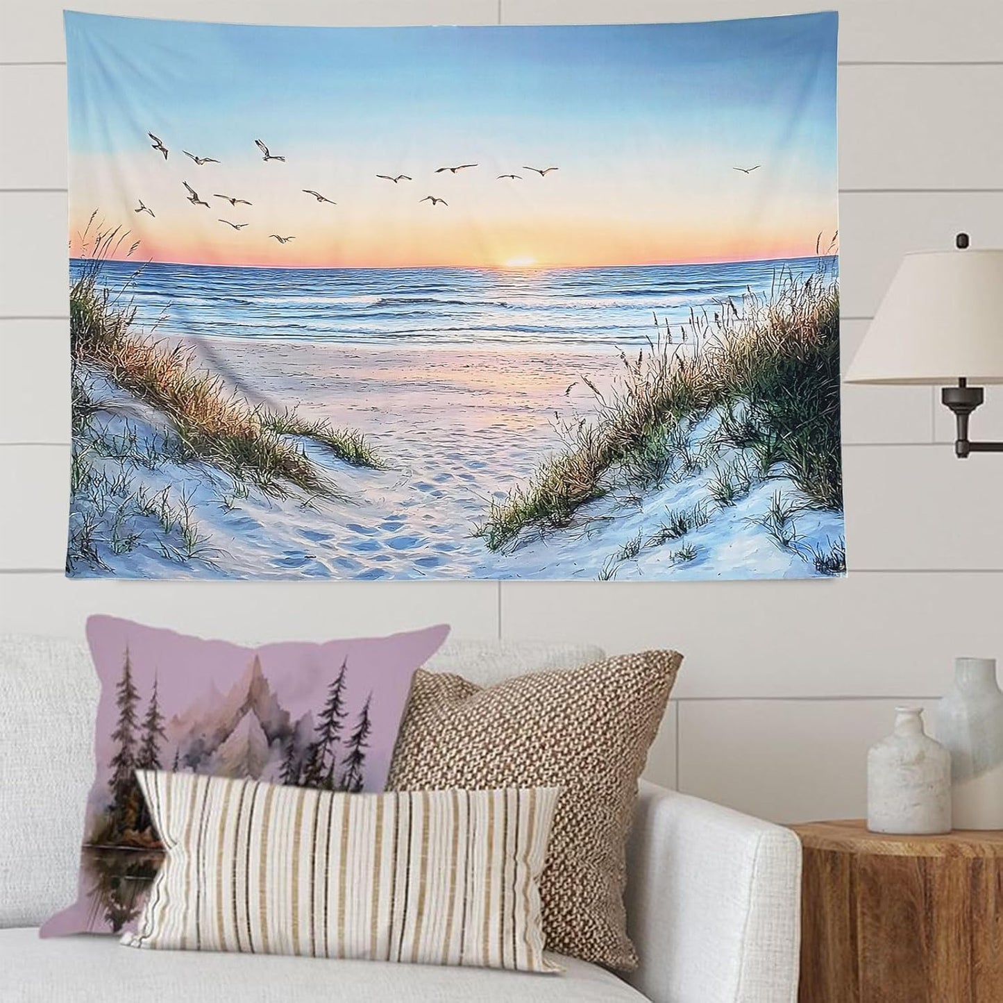 Algasan Ocean Beach Tapestry, Sea Sunset Seabird and Beach with Grass Tapestries Natural Landscape Tapestry Aesthetic for Bedroom Living Room Office Decor 60x40 Inches