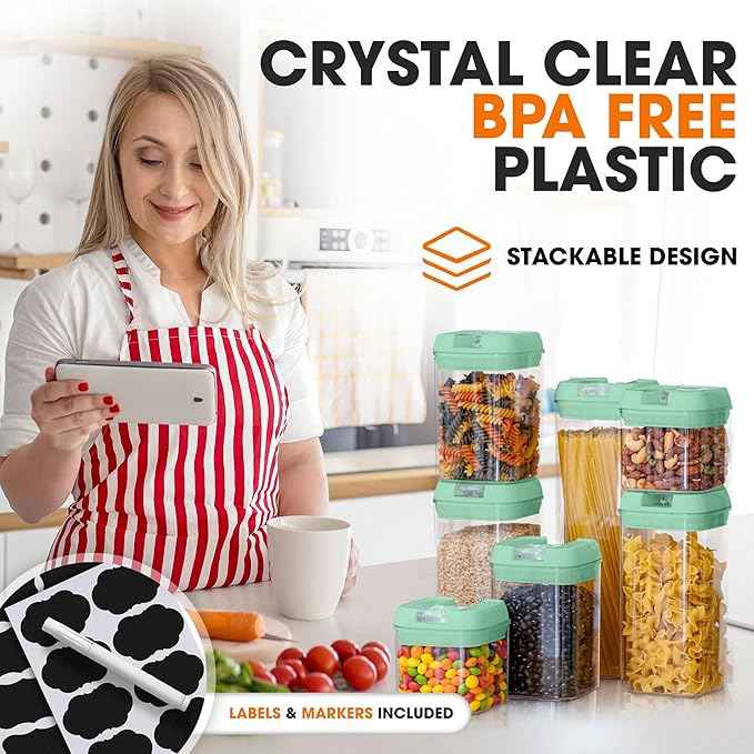 Cheer Collection Airtight Food Storage Containers, Kitchen Storage Containers for Pantry, Set of 7 Food Containers with Lids Airtight, Pantry Storage Containers & Organizers with Lids, Mint Green