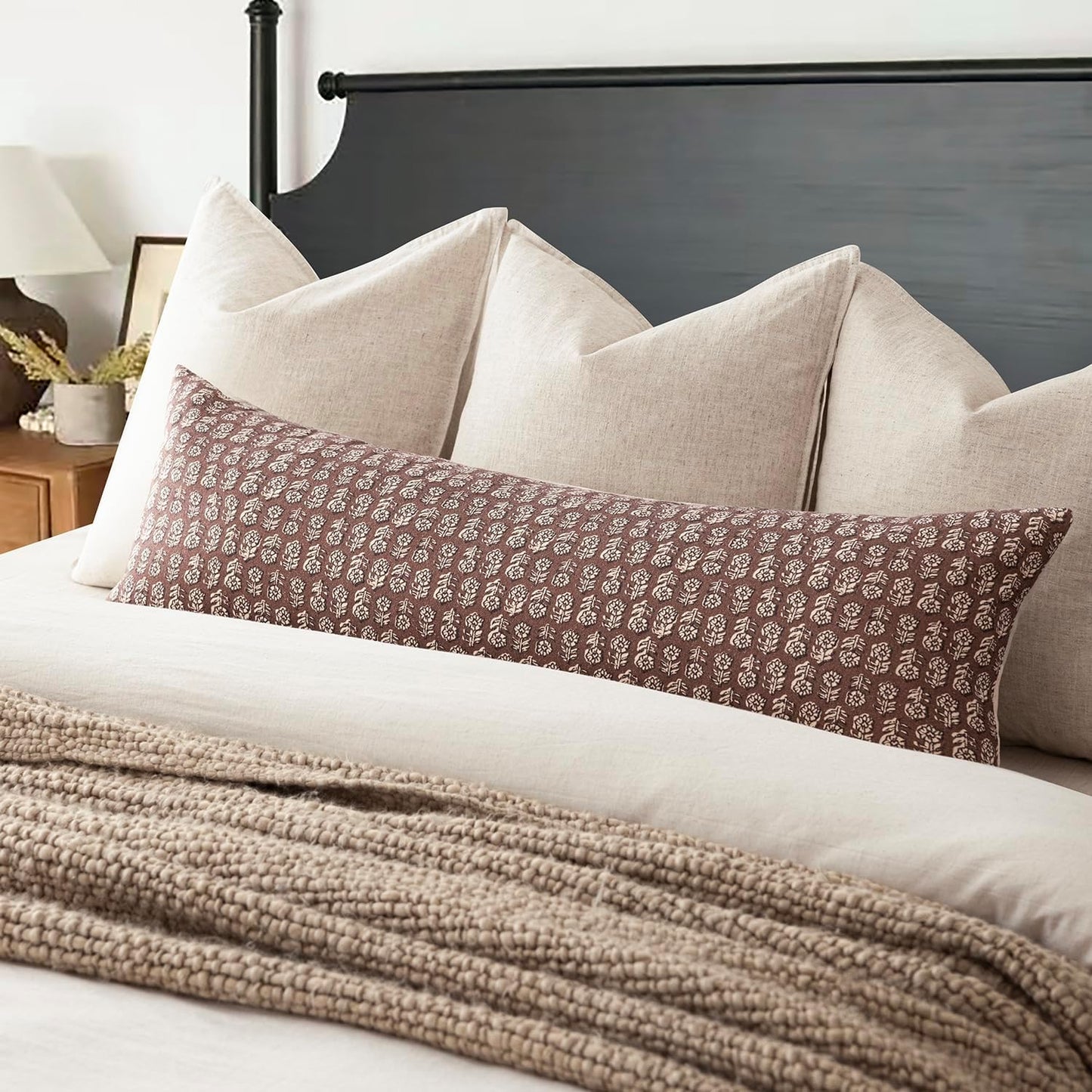 Foindtower Set of 2 Decorative Vintage Long Lumbar Throw Pillow Covers Neutral Modern Farmhouse Cushion Covers Floral Home Decor for Sofa Couch Chair Bedroom Living Room Outdoor,14×36 Inch,Wine Red