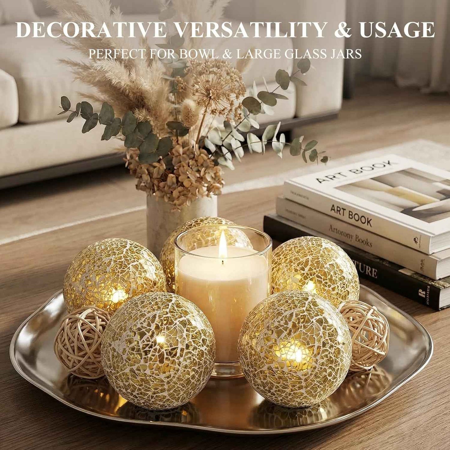 HAKACC 5PCS Decorative Balls for Bowls, 3 inch Gold Orbs Glass Balls for Centerpiece Bowls Mosaic Sphere for Home Decoration Dining Table