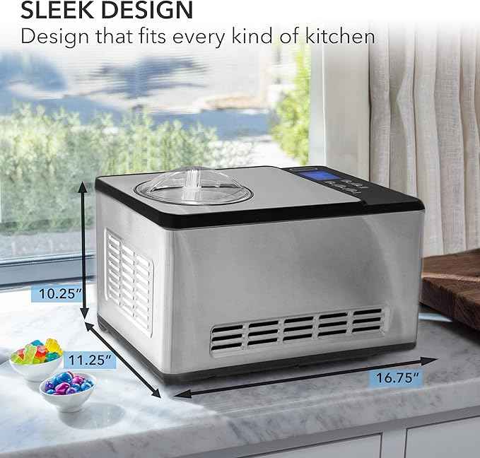 Whynter Ice Cream Maker Machine & Yogurt Automatic 2 Qt. with Built-In Compressor, LCD Digital Display & Timer, No Pre-Freezing, ICM-220SSY, Stainless Steel