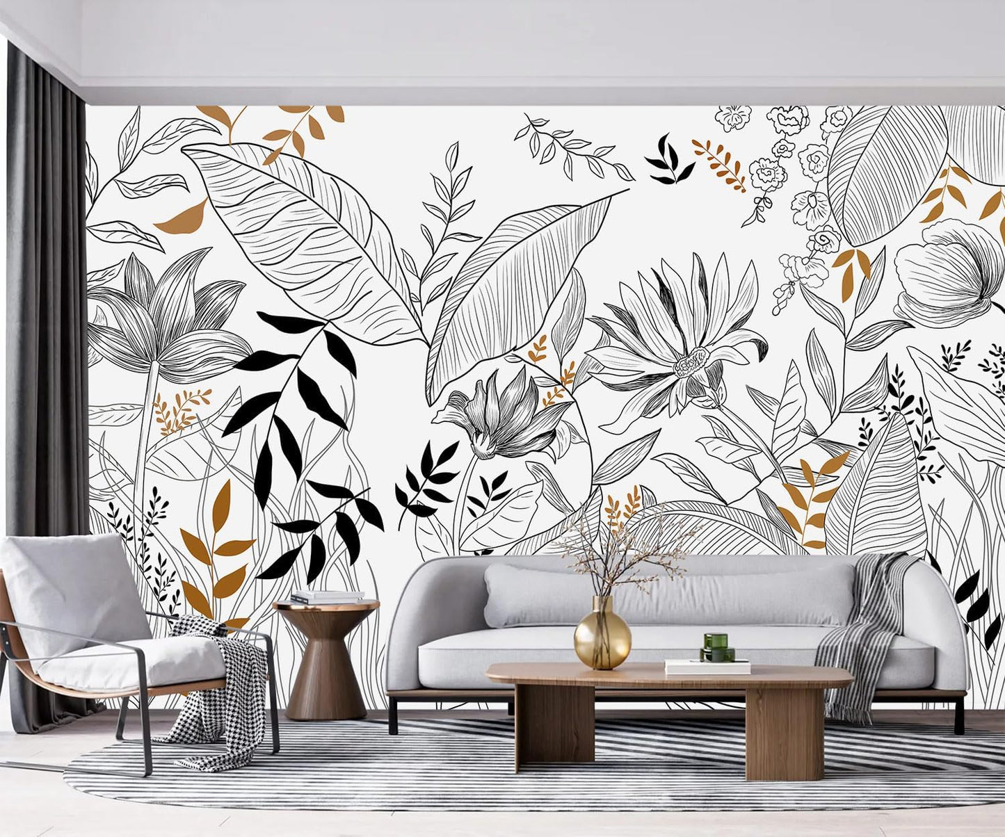 -Hand-Painted Flower Plant Fabric Wallpaper Simple Art Living Room 180" x 115" (Not Peel and Stick)