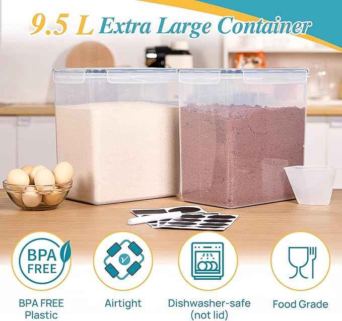 Vtopmart 9.5L 2 Pack Extra Large Flour Sugar Storage Containers for 25lbs flour, Airtight Kitchen Pantry Organization Canisters with Lids for Bulk food, Rice, Baking Supplies, BPA Free, Black
