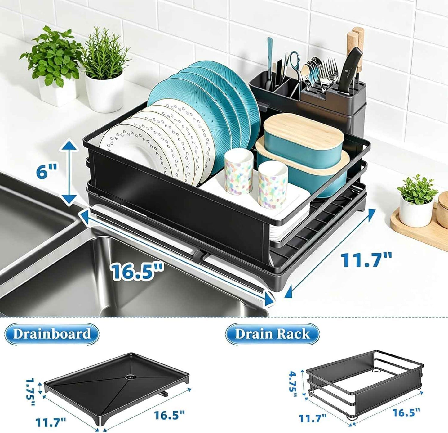 Simple Trending Dish Drying Rack, Space-Saving Large Dish Rack for Kitchen Counter, Anti-Rust Dish Drainer with Cutlery & Cup Holders, Black