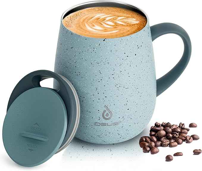 Ideus 16 oz Insulated Coffee Mug with Handle and Lid, Double Wall Stainless Steel Vacuum Thermal Coffee Mug, Travel Coffee Cup Thermal Cup for Home and Office, Eggshell Blue