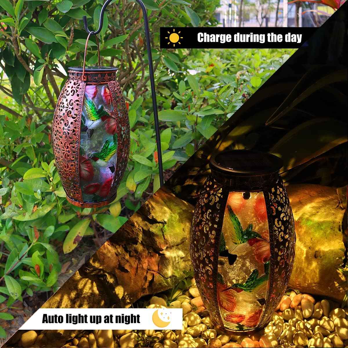 Mothers Day Gifts,Solar Lanterns Outdoor Light Waterproof Hummingbird Garden Glass Decor Light Gifts for Women Mom Grandma Hanging Solar Decoration Lights Metal Outside for Yard, Backyard, Patio