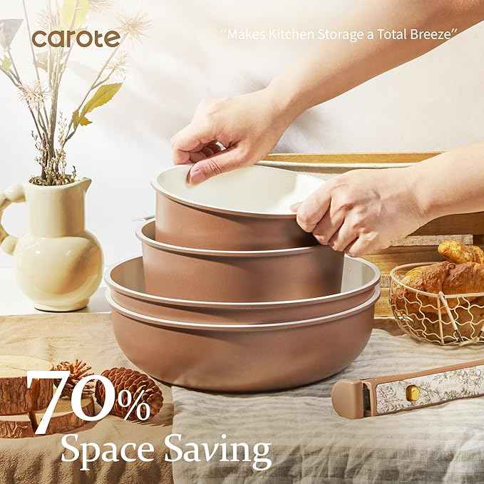 CAROTE 25-Piece Ceramic Cookware Set, Nonstick Pots and Pans Set with Detachable Handle, Non-Toxic Kitchen Cooking Set, Dishwasher & Oven Safe, Induction Compatible, PFAS Free, Chocolate