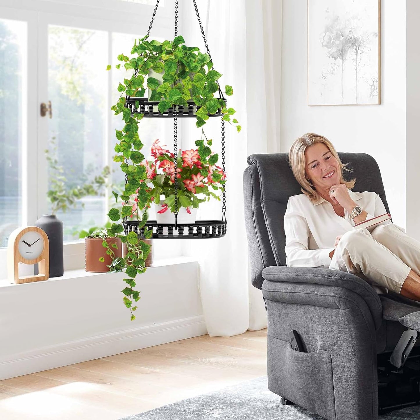 Plant Hanger Indoor Outdoor, 2 Tier Hanging Planter Hanging Plant Shelf, Metal Hanging Plant Holder for Indoor Outdoor Plants