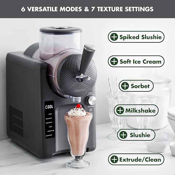 GreenPan Frost Ice Cream Maker & Slushie Machine, Soft Serve, Sorbet, Margaritas, Milkshakes, Frozen Yogurt, No Pre-Freezing, Ready in 15 Mins, 6 Modes, 7 Textures, Self-Cleaning, Family Size, Gray