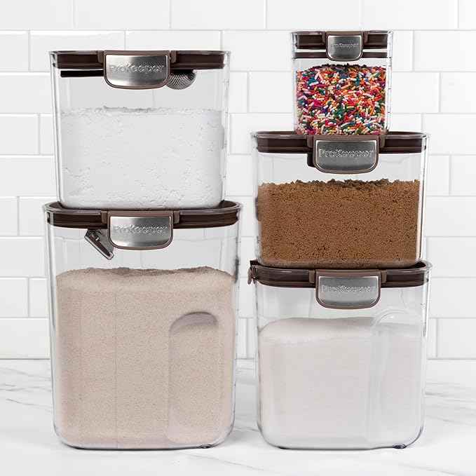 ProKeeper+ Airtight Food Storage Container Set – Clear Plastic Flour and Sugar Canister Set with Magnetic Accessories for Kitchen Organization (Brown, 9-Piece)