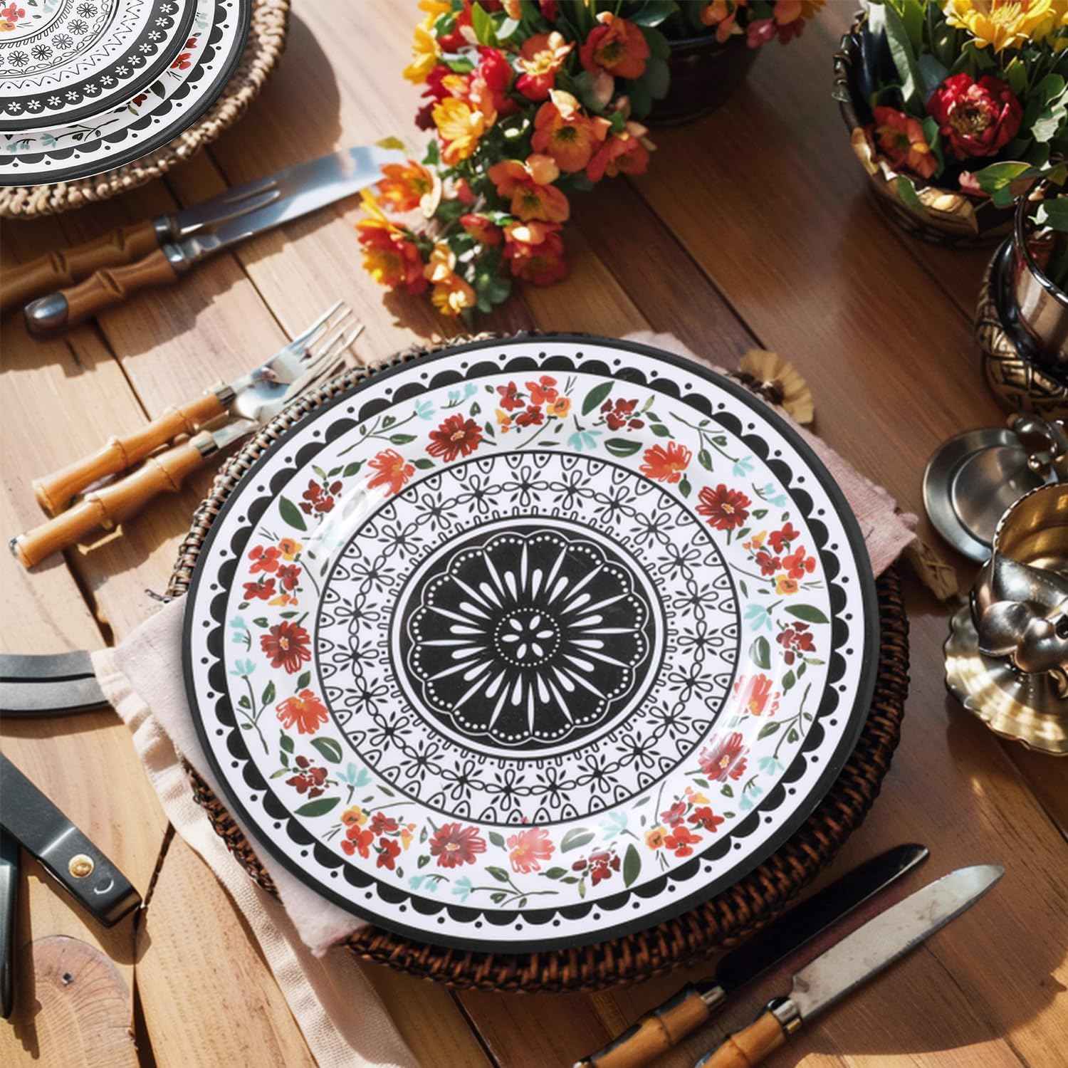 12-Piece Melamine Dinnerware Sets, Unbreakable Dinner Dishes Set for Indoor and Outdoor Use, Dishwasher Safe, Lightweight Dinner Service for 4, Black and White