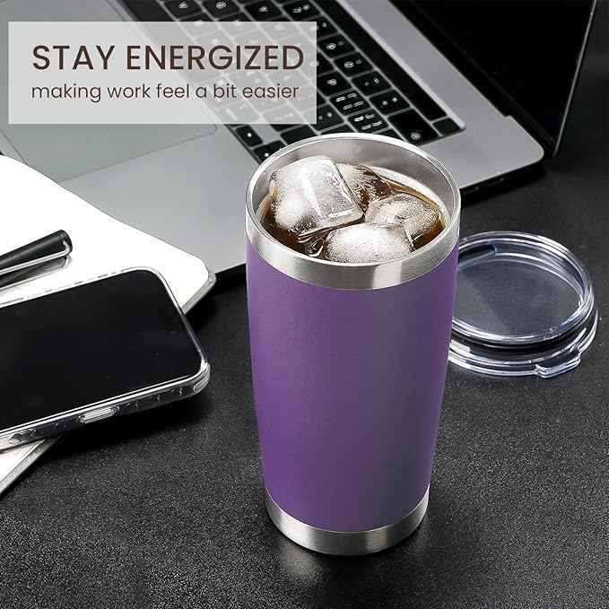 MEWAY 20oz Tumbler Cup Double Wall Vacuum Insulated Travel Mug Bulk, Stainless Steel Tumblers with Lid and Straw, Durable Powder Coated Coffee Cups for Cold & Hot Drinks (Purple, 1)
