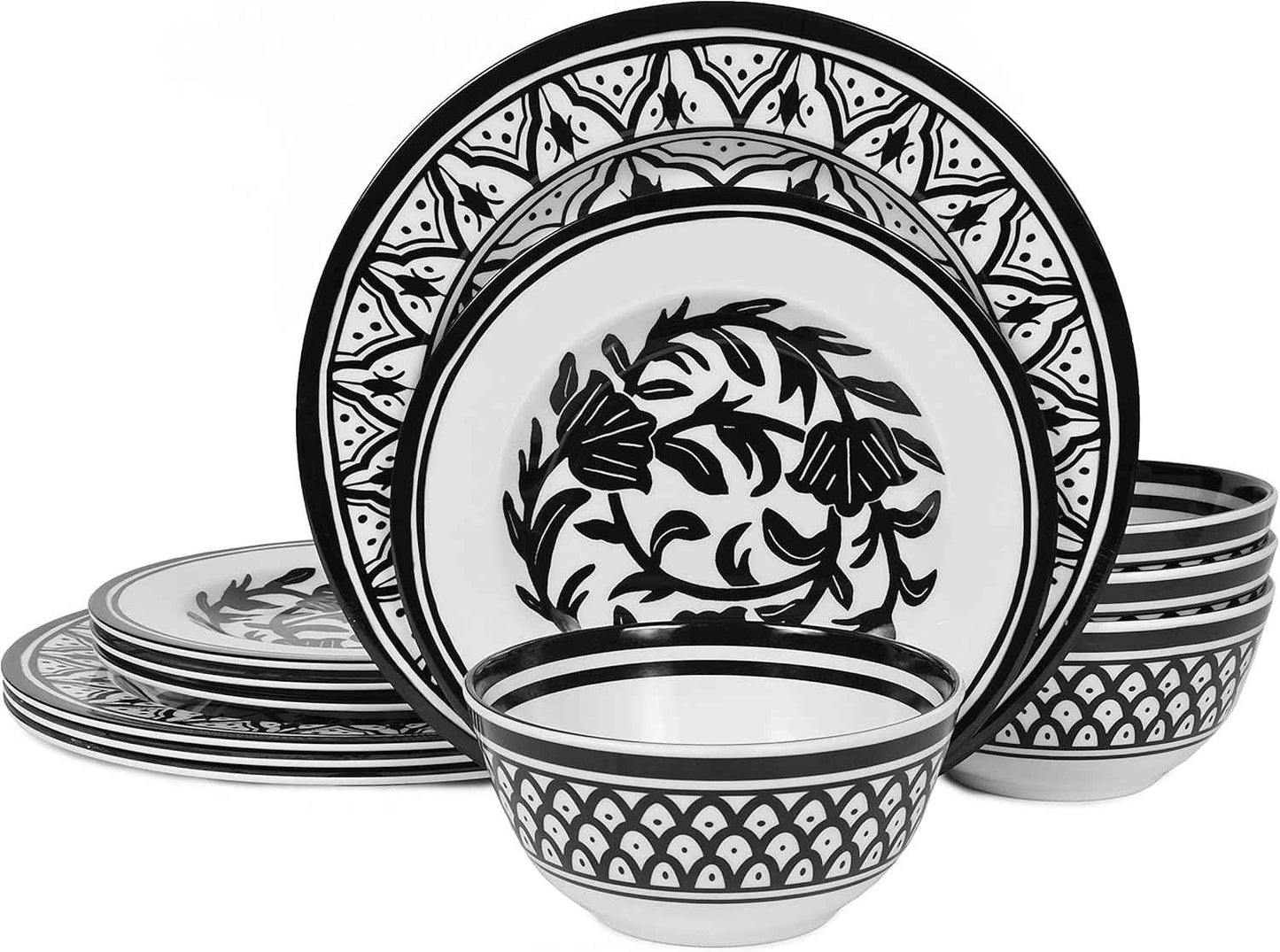 Melamine Dinnerware Sets-12pcs Melamine Plates and Bowls Set, Unbreakable, Dishwasher Safe, Indoor Outdoor Use, Ideals for Parties, Camping Dish Set, Black and White Pattern