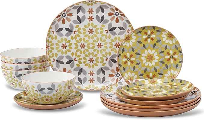 Lorren Home Trends Floral Dinnerware Set, 12 Piece, Bone China, Yellow and Gray Pattern, Microwave and Dishwasher Safe