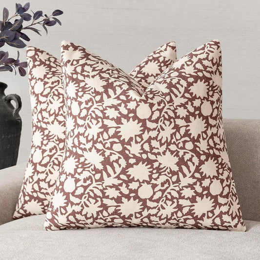 Foindtower Set of 2 Decorative Neutral Floral Throw Pillow Covers Accent Farmhouse Cushion Covers Boho Vintage Pillowcase for Couch Sofa Bedroom Living Room Home Decor Outdoor,20×20 Inch,Wine Red