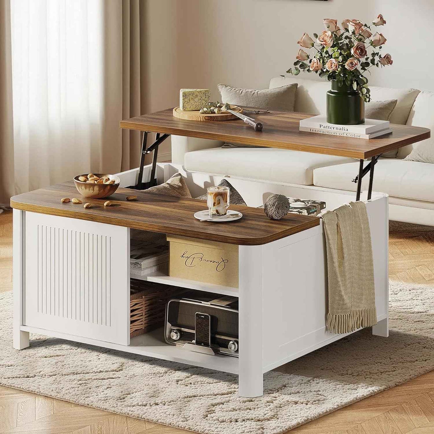 Decofy Lift Top Coffee Table with Storage Mid Century Modern Square Coffee Tables for Living Room, Large Hidden Storage Compartment, Adjustable Shelves & Sliding Door