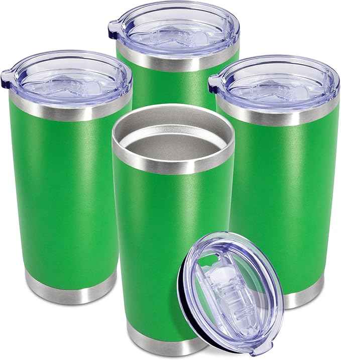 20 oz Tumbler Coffee Travel Tumblers Bulk with Lid Stainless Steel Double Wall Vacuum Insulated Mug Powder Coated Cups fit Car Cupholder for Hot and Cold - Green, 4Pack