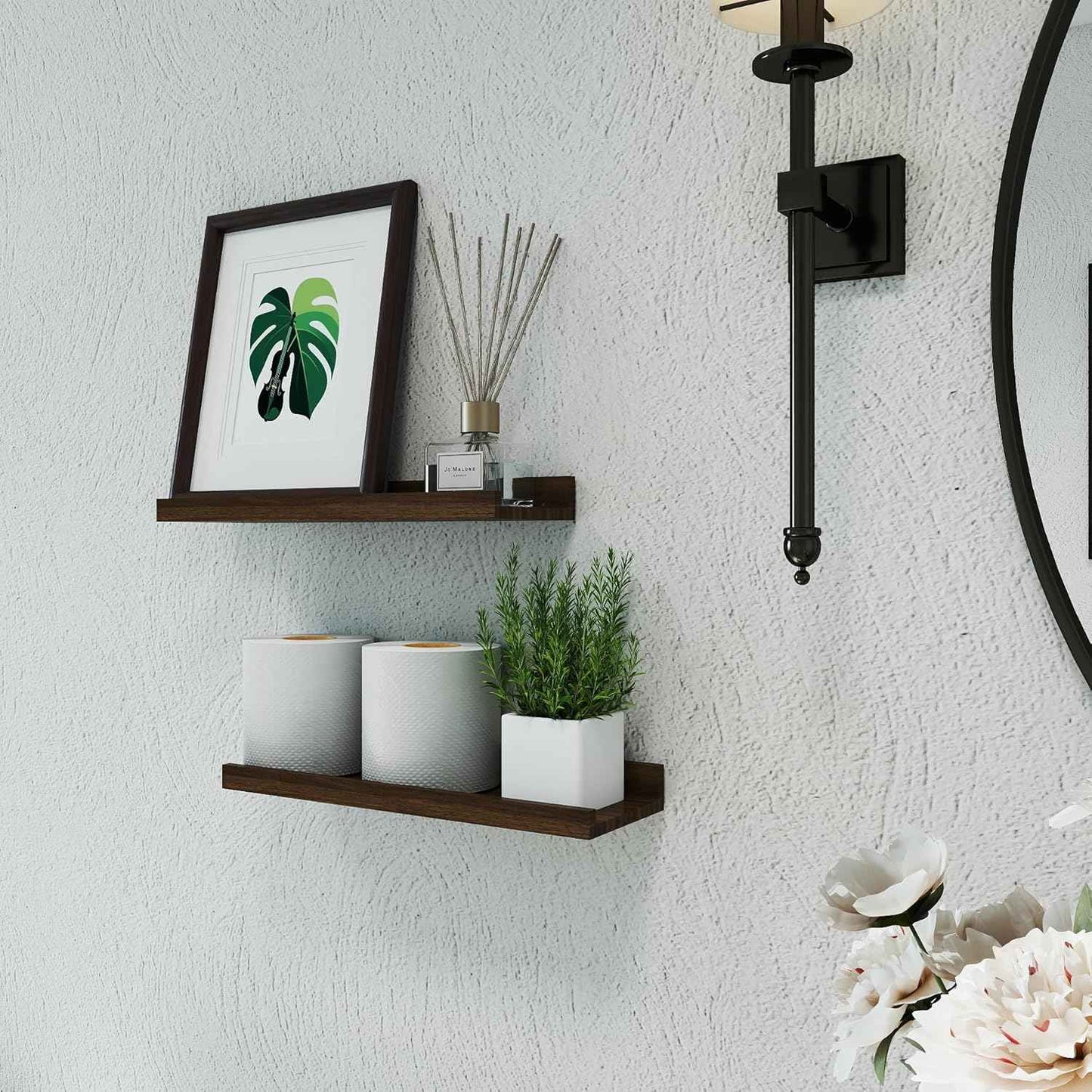 Floating Shelves for Wall Decor, Wall Mounted Wood Storage Shelf for Bedroom, Living Room, Bathroom, Kitchen, Nursery, Display Picture Ledge Shelf with Lip Set of 2-14 Inches, Walnut