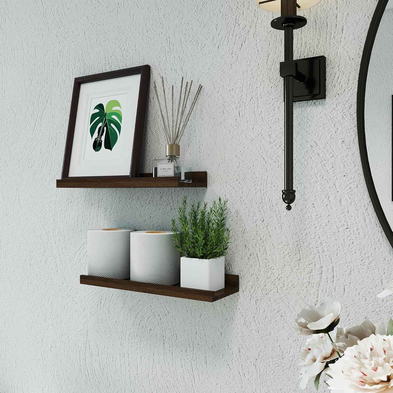 Floating Shelves for Wall Decor, Wall Mounted Wood Storage Shelf for Bedroom, Living Room, Bathroom, Kitchen, Nursery, Display Picture Ledge Shelf with Lip Set of 2-14 Inches, Walnut