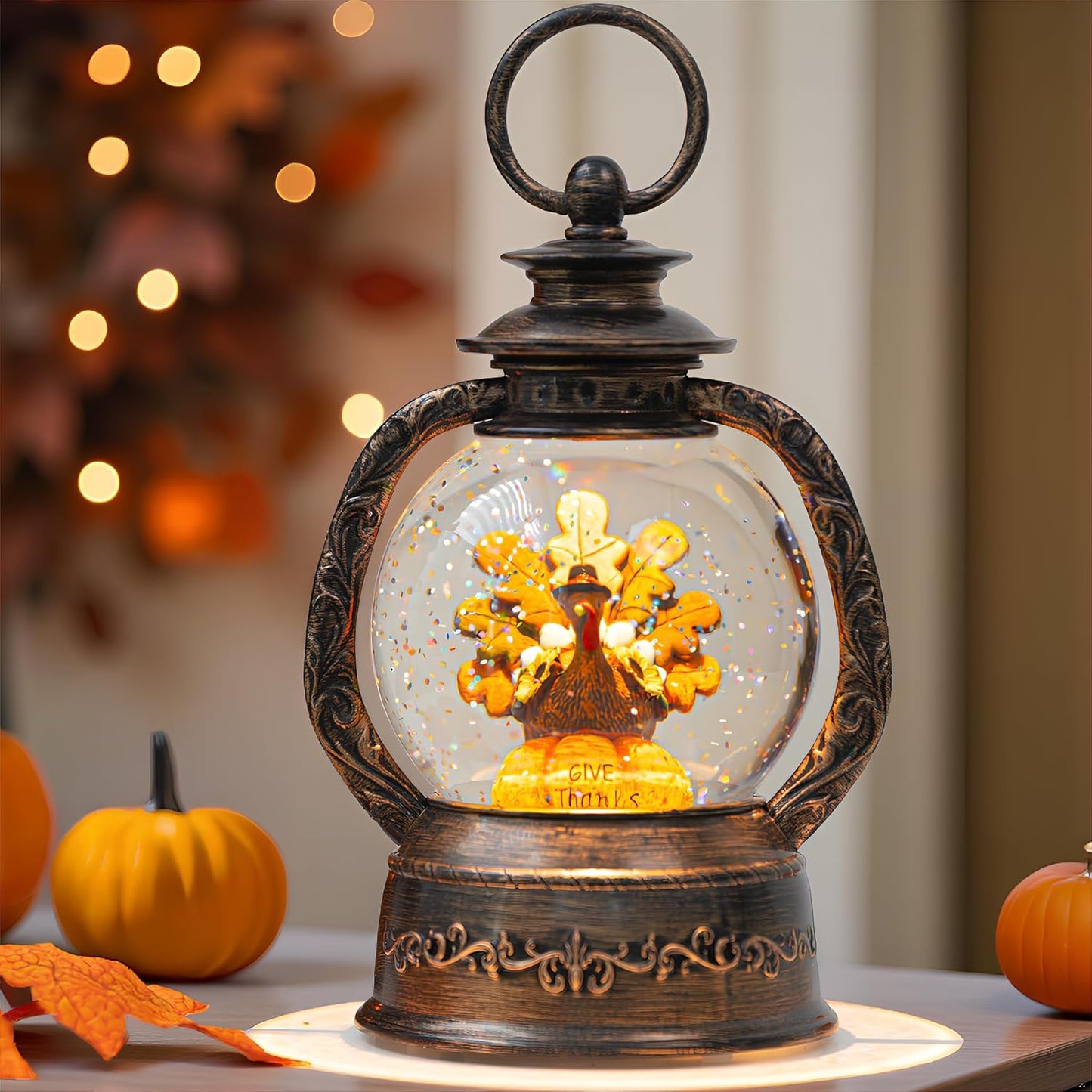 Fall Snow Globe Lantern - Thanksgiving Glittering Lighted Water Lantern, Fall Decorations Autumn Harvest Day Gifts, Home Halloween Christmas Decor (Turkey in Pumpkin)