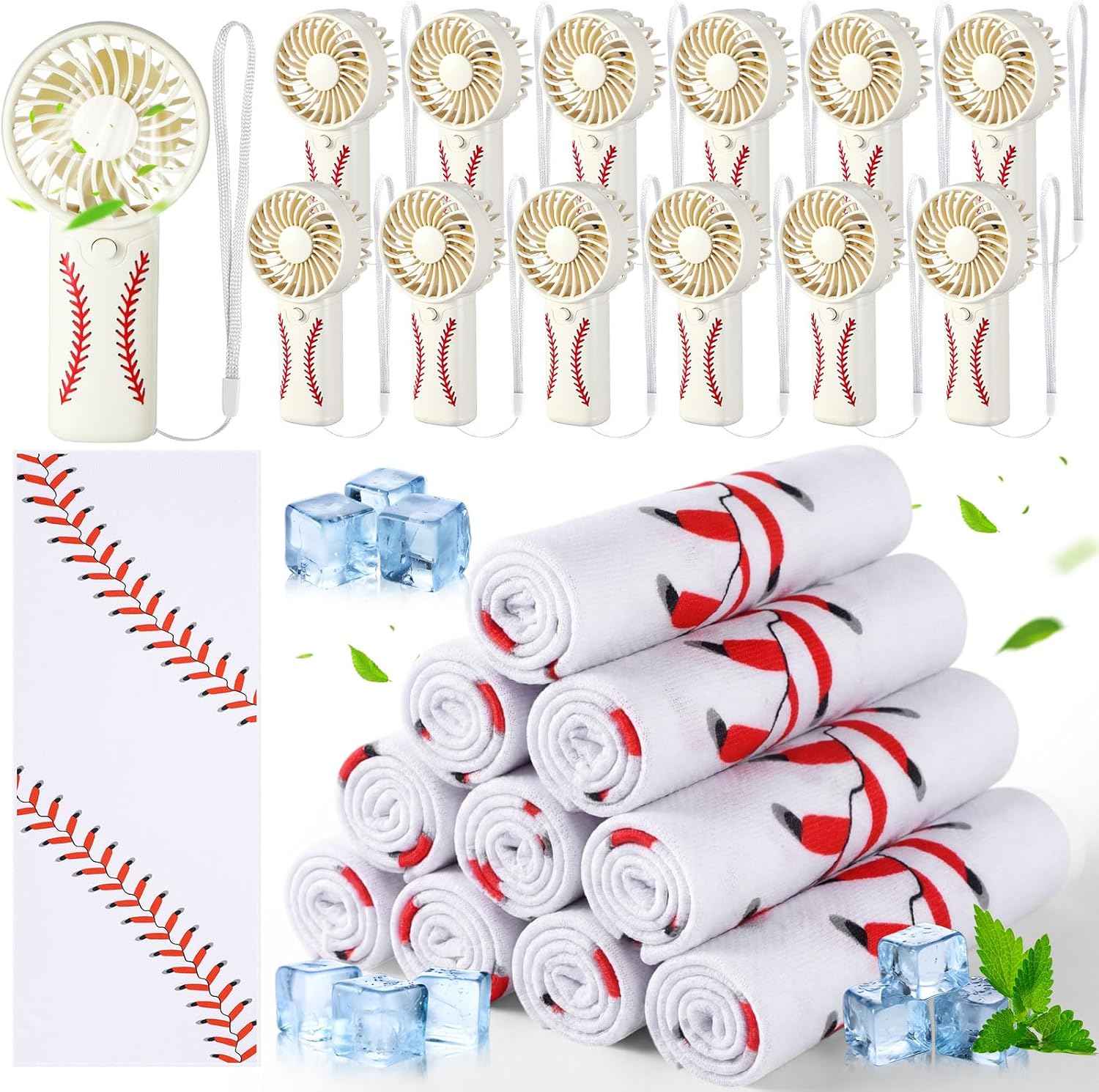 Retisee 24 Pcs Baseball Cooling Towel Mini Portable Fan Set 32 x 12 Inch Workout Towels Handheld Battery Powered Fan Sporting Baseball Gifts for Summer Team Gift Travel Camping Makeup Yoga Running