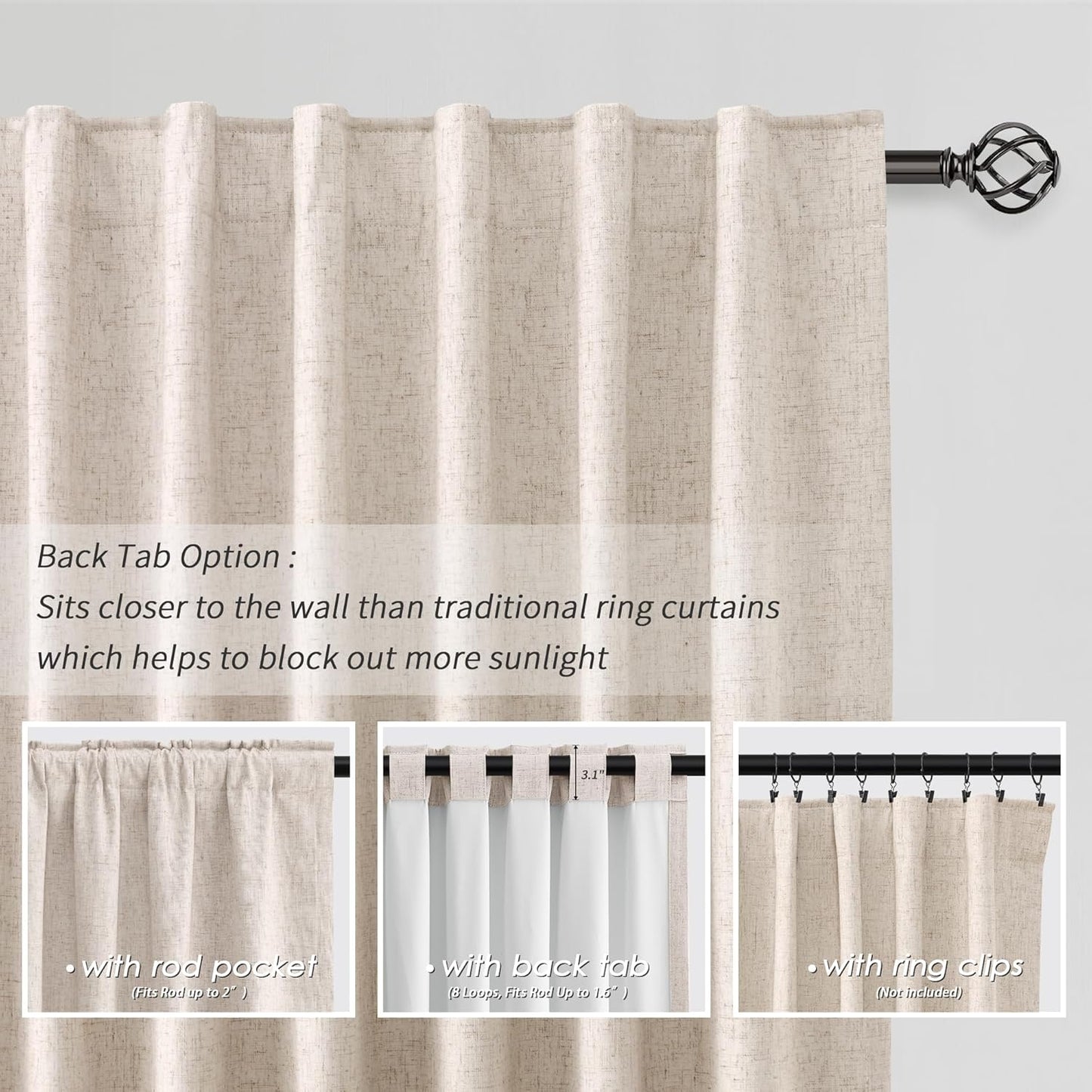 BOODII Oatmeal Linen Black Out Curtains 84 Inch Long 2 Panels Set for Bedroom Light Blocking Curtains Greige with 100% Blackout Backing Warm Taupe Thermal Insulated Room Darkening Nursery Curtain