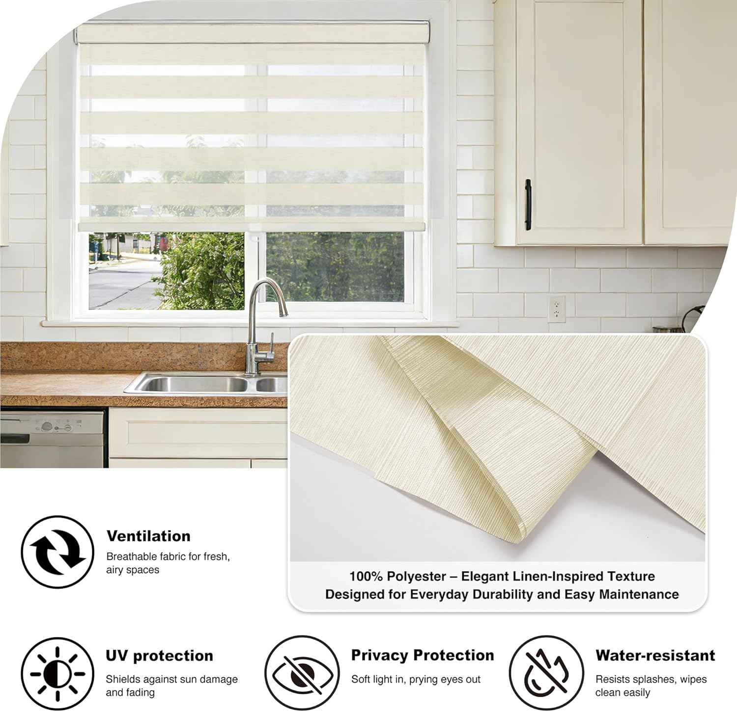 HESTIA Cordless Light Filtering Zebra Shades for Windows, Day Night Dual-Layer Linen-Look Woven Fabric Roller Shades, Privacy Light Control for Living Room/Home Office, Cream, 34" W x 77" H