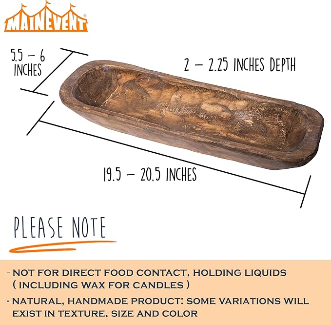 MAINEVENT Decorative Wooden Dough Bowl Decor Approx 20 Inch, Spanish Oak Centerpiece Long Wood Dough Bowl, Made in USA
