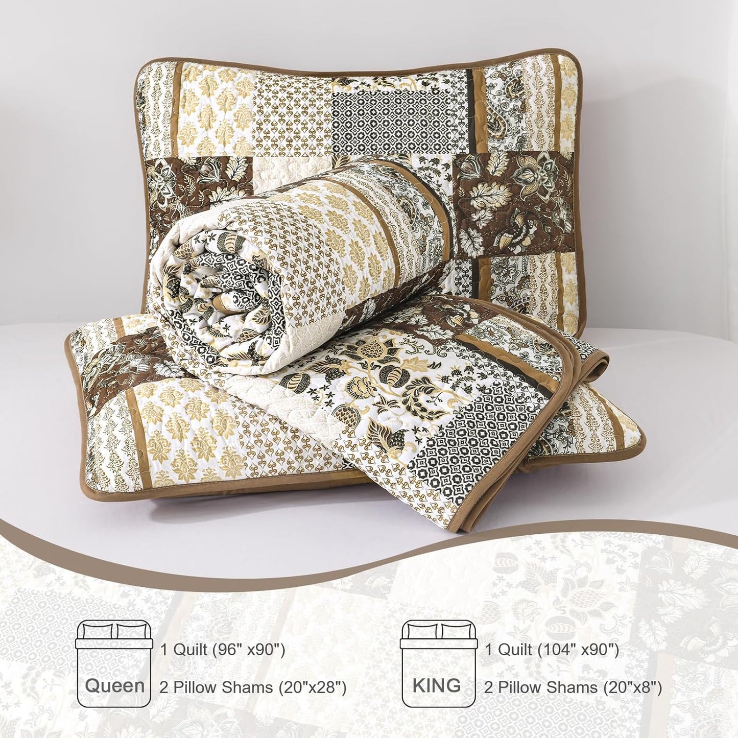 WONGS BEDDING Quilt Set Queen Size Brown, 3 Pieces Patchwork Plaid Bedspread Coverlet Set, Floral Soft Microfiber Bedding Set for All Season(96"×90")