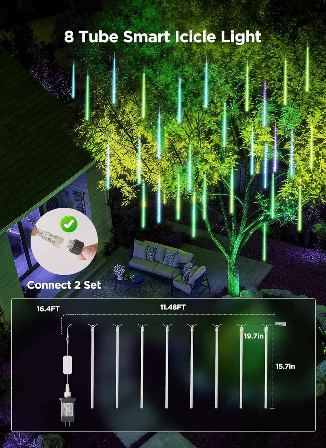 Smart Meteor Shower Rain Lights, 8Tube 128LED 11.48ft Color Changing Icicle Christmas Lights Outdoor Outside, APP Controlled RGB Customize Display DIY Dynamic Lighting Effect