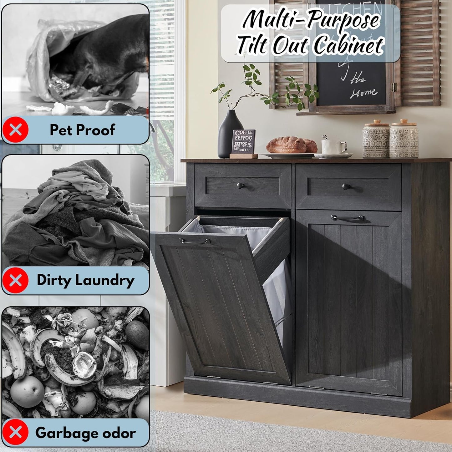 Double Tilt Out Laundry Hamper Cabinet, 20 Gallon Farmhouse Trash Can Cabinet with Drawer, Hidden Wood Garbage Can Bin Cabinet with Laundry Storage Basket for Bathroom, Kitchen, Dark Grey - Lumora Casa