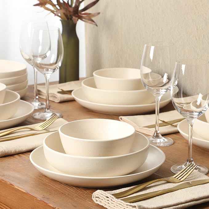 Gibson Elite Leeds Court Plates and Bowls Sets, 16-Piece Stoneware Dinnerware Sets, Cream White, Round Speckle Reactive Glaze Dish Set